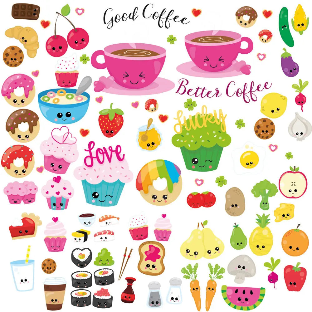 Kawaii Obst & Gemüse Wandtattoo XXL Set | Kinderzimmer Aufkleber bunt Wanddeko Sunnywall