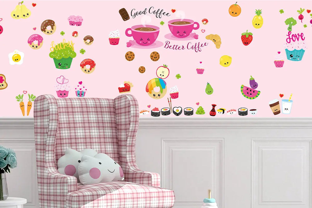 Kawaii Obst & Gemüse Wandtattoo XXL Set | Kinderzimmer Aufkleber bunt Wanddeko Sunnywall