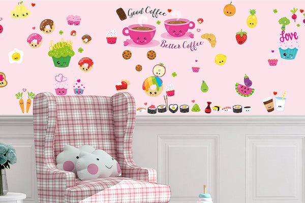 Kawaii Obst & Gemüse Wandtattoo XXL Set | Kinderzimmer Aufkleber bunt Wanddeko Sunnywall