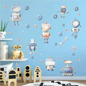 Kleine Roboter Charaktere - Wandtattoo Kinderzimmer Baby Wandaufkleber - 6 x A4 Set Sunnywall