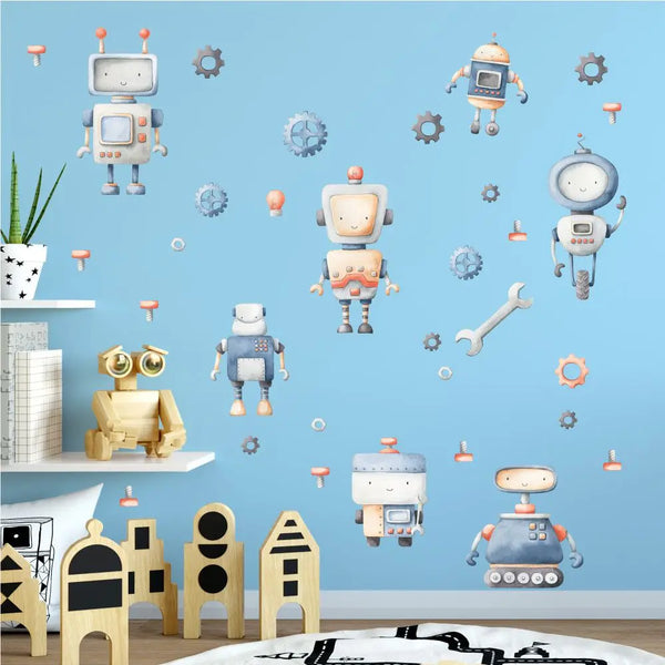 Kleine Roboter Charaktere - Wandtattoo Kinderzimmer Baby Wandaufkleber - 6 x A4 Set Sunnywall