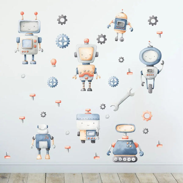 Kleine Roboter Charaktere - Wandtattoo Kinderzimmer Baby Wandaufkleber - 6 x A4 Set Sunnywall