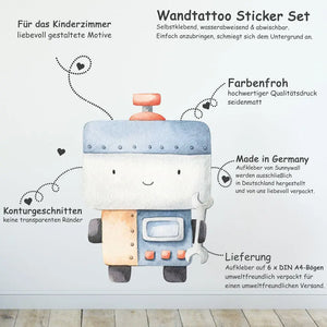 Kleine Roboter Charaktere - Wandtattoo Kinderzimmer Baby Wandaufkleber - 6 x A4 Set Sunnywall