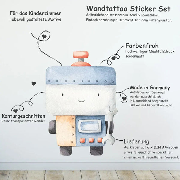 Kleine Roboter Charaktere - Wandtattoo Kinderzimmer Baby Wandaufkleber - 6 x A4 Set Sunnywall