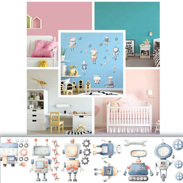 Kleine Roboter Charaktere - Wandtattoo Kinderzimmer Baby Wandaufkleber - 6 x A4 Set Sunnywall