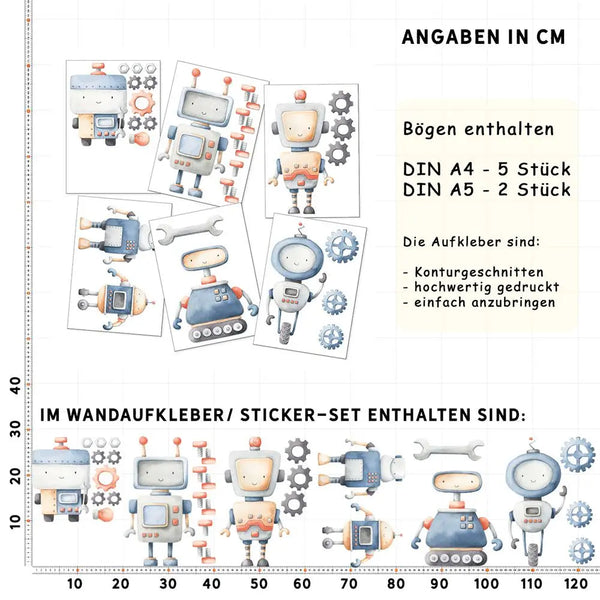 Kleine Roboter Charaktere - Wandtattoo Kinderzimmer Baby Wandaufkleber - 6 x A4 Set Sunnywall