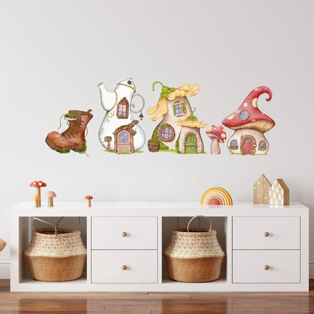 Mäuse Häuser - Pilz, Stiefel & Teekanne - Wandtattoo Kinderzimmer Wandaufkleber Babyzimmer Sunnywall