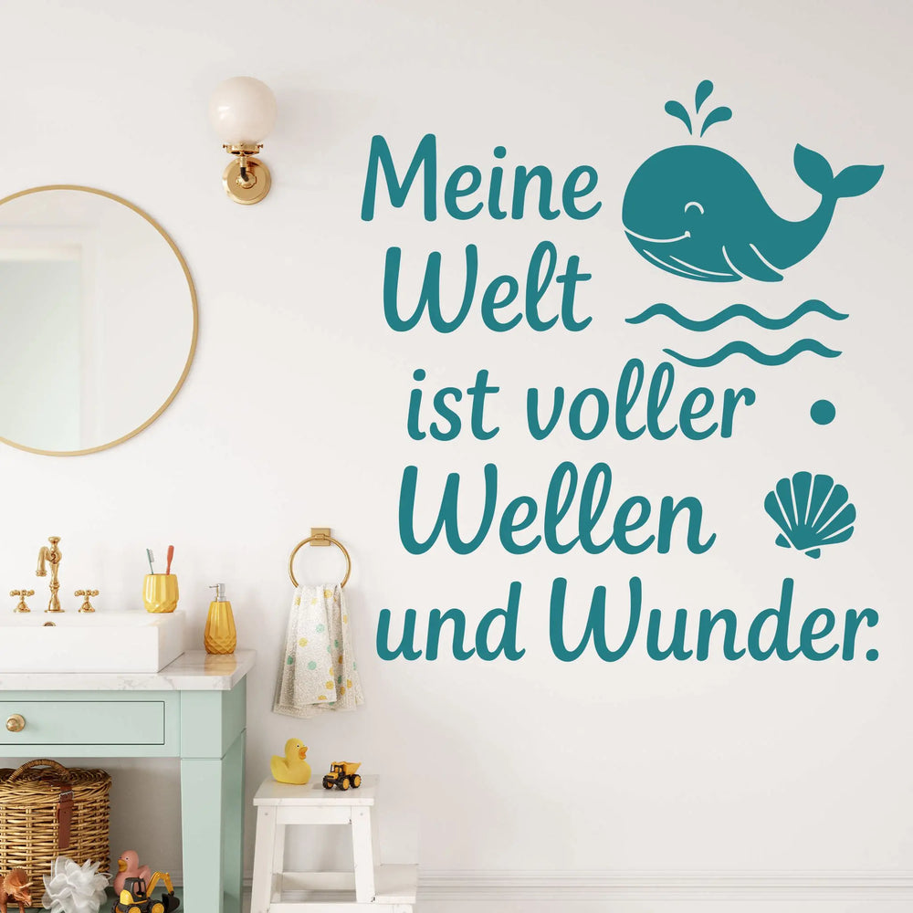 Wandtattoo Spruch Wal – Meine Welt ist voller Wellen und Wunder – Maritimer Wandsticker mit Wal & Muschel für Kinderzimmer & Schlafzimmer
