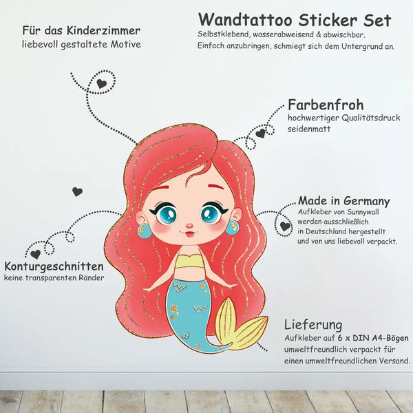 Meerjungfrauen - Wandtattoo Wandsticker 6 x A4 Set Sunnywall