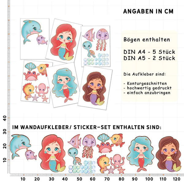 Meerjungfrauen - Wandtattoo Wandsticker 6 x A4 Set Sunnywall