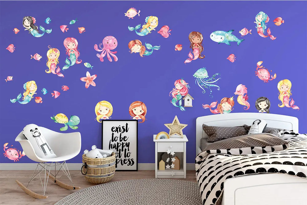 Meerjungfrauen Wandtattoo XXL Set | Kinderzimmer Aufkleber bunt Wanddeko Sunnywall