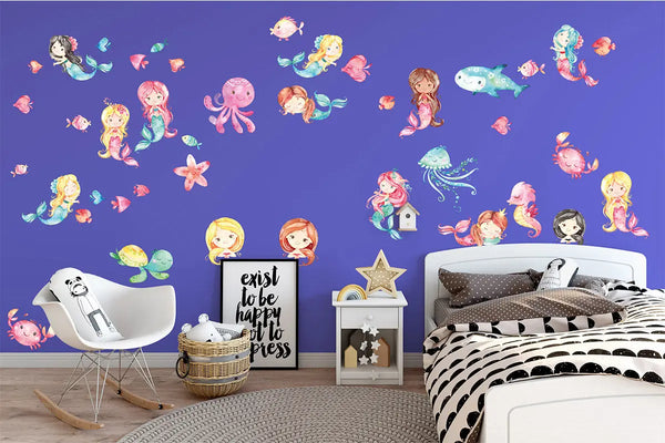 Meerjungfrauen Wandtattoo XXL Set | Kinderzimmer Aufkleber bunt Wanddeko Sunnywall