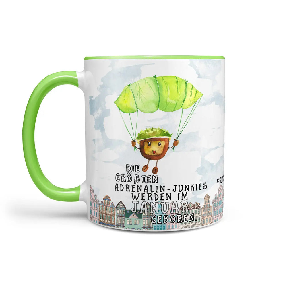 Monatstasse | Kaffeetasse Tasse Geburtstag Januar bis Dezember | Die größten Adrenalin Junkies Geburtstagstasse inkl. Geschenkkarte Sunnywall