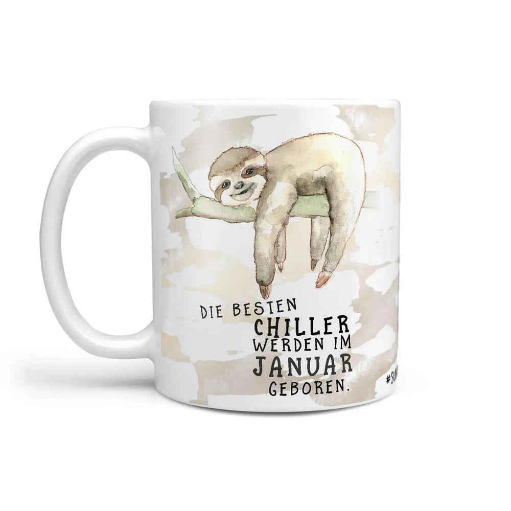 Monatstasse | Kaffeetasse Tasse Geburtstag Januar bis Dezember | Die größten Chiller (Faultier) inkl. Geschenkkarte Sunnywall