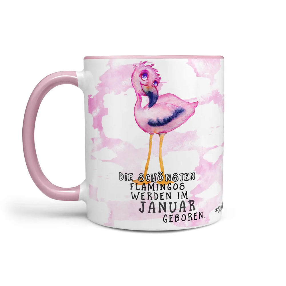 Monatstasse | Kaffeetasse Tasse Geburtstag Januar bis Dezember | Die schönsten Flamingos Geburtstagstasse inkl. Geschenkkarte Sunnywall