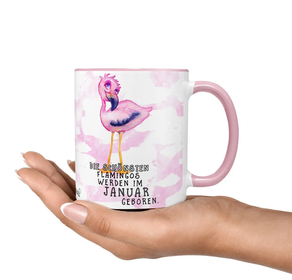 Monatstasse | Kaffeetasse Tasse Geburtstag Januar bis Dezember | Die schönsten Flamingos Geburtstagstasse inkl. Geschenkkarte Sunnywall