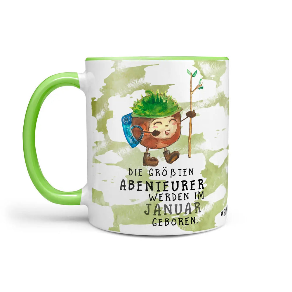 Monatstasse | Kaffeetasse Tasse Geburtstag Januar bis Dezember | Kastanie Abenteurer Geburtstagstasse inkl. Geschenkkarte Sunnywall