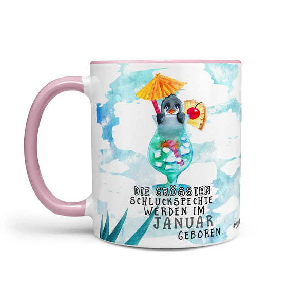 Monatstasse | Kaffeetasse Tasse Geburtstag Januar bis Dezember | Pinguin Schluckspechte Geburtstagstasse inkl. Geschenkkarte Sunnywall