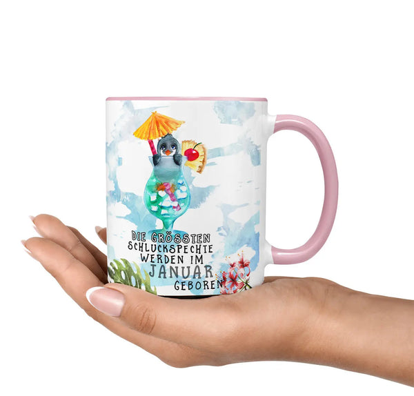 Monatstasse | Kaffeetasse Tasse Geburtstag Januar bis Dezember | Pinguin Schluckspechte Geburtstagstasse inkl. Geschenkkarte Sunnywall