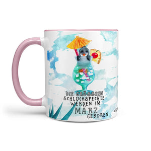 Monatstasse | Kaffeetasse Tasse Geburtstag Januar bis Dezember | Pinguin Schluckspechte Geburtstagstasse inkl. Geschenkkarte Sunnywall
