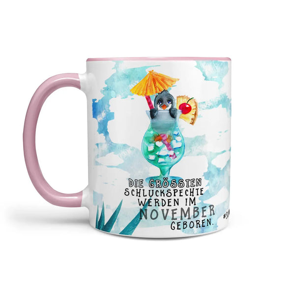 Monatstasse | Kaffeetasse Tasse Geburtstag Januar bis Dezember | Pinguin Schluckspechte Geburtstagstasse inkl. Geschenkkarte Sunnywall