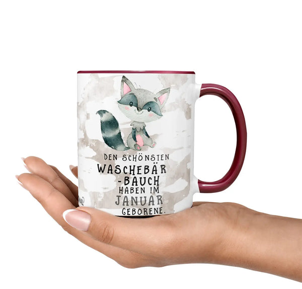 Monatstasse | Kaffeetasse Tasse Geburtstag Januar bis Dezember | Waschbär Bauch Geburtstagstasse inkl. Geschenkkarte Sunnywall