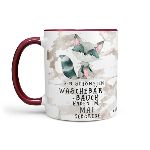 Monatstasse | Kaffeetasse Tasse Geburtstag Januar bis Dezember | Waschbär Bauch Geburtstagstasse inkl. Geschenkkarte Sunnywall