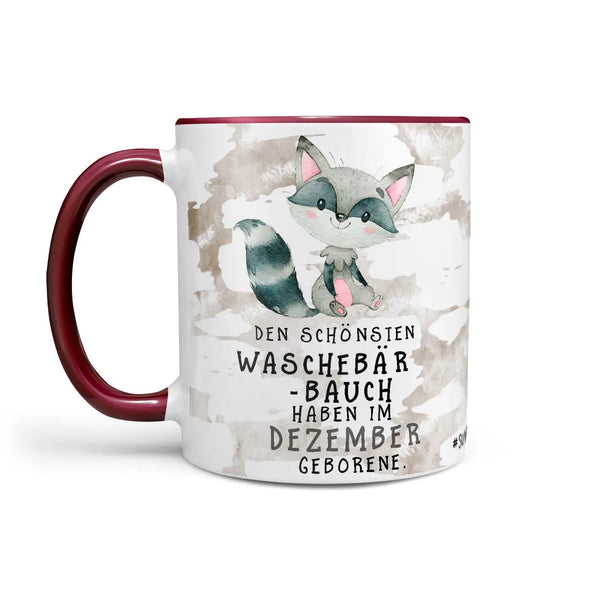 Monatstasse | Kaffeetasse Tasse Geburtstag Januar bis Dezember | Waschbär Bauch Geburtstagstasse inkl. Geschenkkarte Sunnywall