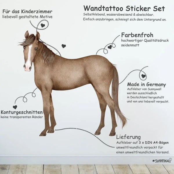 Pferde - Wandtattoo Kinderzimmer Baby Wandaufkleber - 3 x A4 Set Sunnywall