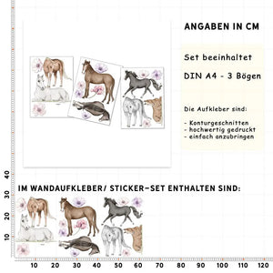 Pferde - Wandtattoo Kinderzimmer Baby Wandaufkleber - 3 x A4 Set Sunnywall