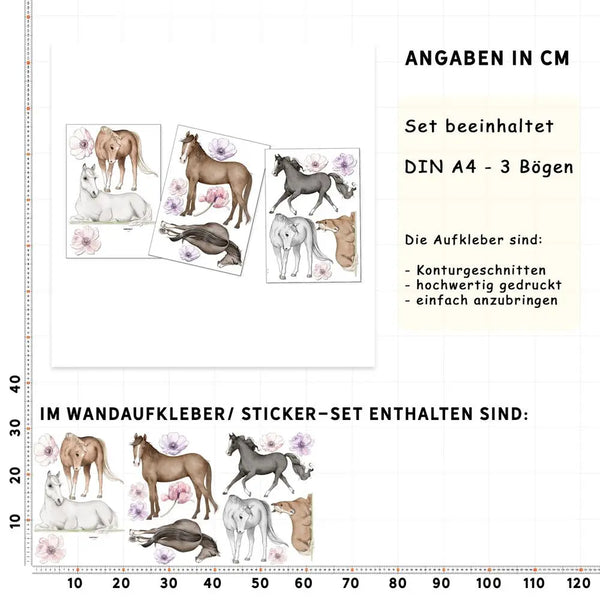 Pferde - Wandtattoo Kinderzimmer Baby Wandaufkleber - 3 x A4 Set Sunnywall