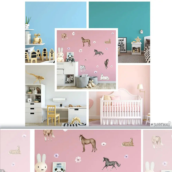 Pferde - Wandtattoo Kinderzimmer Baby Wandaufkleber - 3 x A4 Set Sunnywall