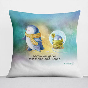 Pinguin Nigel Kissen Komm wir gehen. Wir malen eine Sonne. Sunnywall