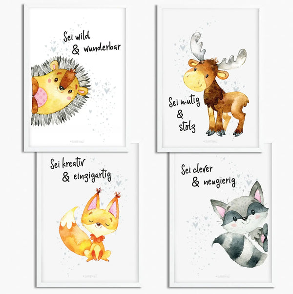 Poster 4er Set Igel Fuchs Eichhörnchen Elch Waschbär Waldtiere A4 Sunnywall
