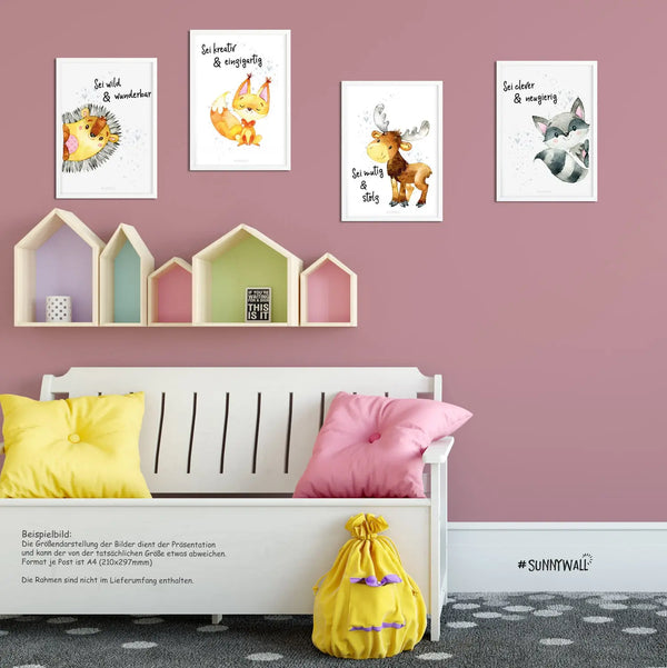 Poster 4er Set Igel Fuchs Eichhörnchen Elch Waschbär Waldtiere A4 Sunnywall