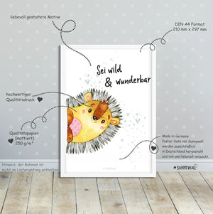 Poster 4er Set Igel Fuchs Eichhörnchen Elch Waschbär Waldtiere A4 Sunnywall