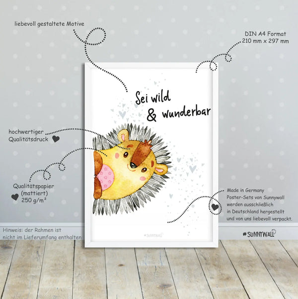 Poster 4er Set Igel Fuchs Eichhörnchen Elch Waschbär Waldtiere A4 Sunnywall