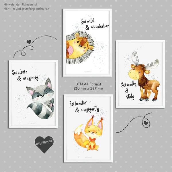 Poster 4er Set Igel Fuchs Eichhörnchen Elch Waschbär Waldtiere A4 Sunnywall