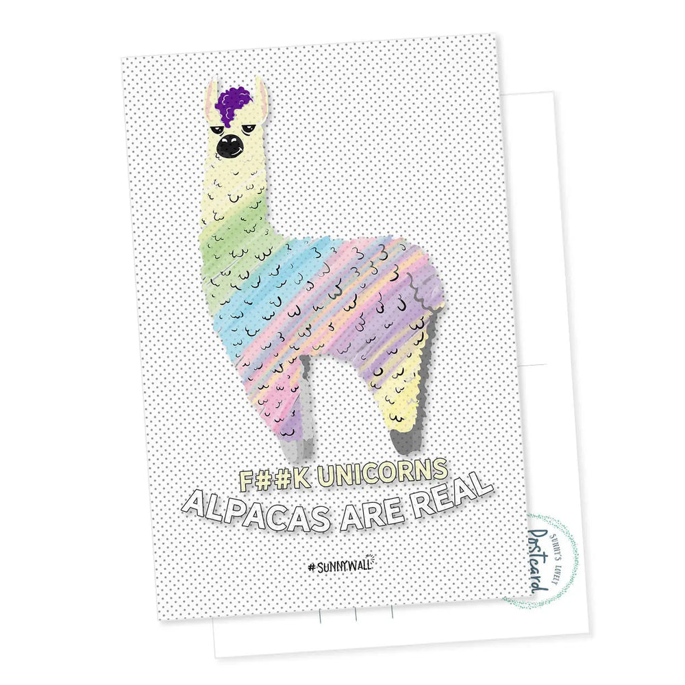Postkarte Alpaca - Fuck Unicorns, Alpacas are real Sunnywall