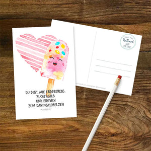 Postkarte Eis - Du bist wie Erdbeereis. Zuckersüß und einfach zum Dahinschmelzen Sunnywall