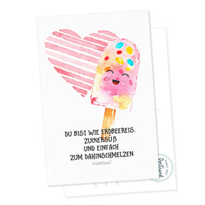 Postkarte Eis - Du bist wie Erdbeereis. Zuckersüß und einfach zum Dahinschmelzen Sunnywall