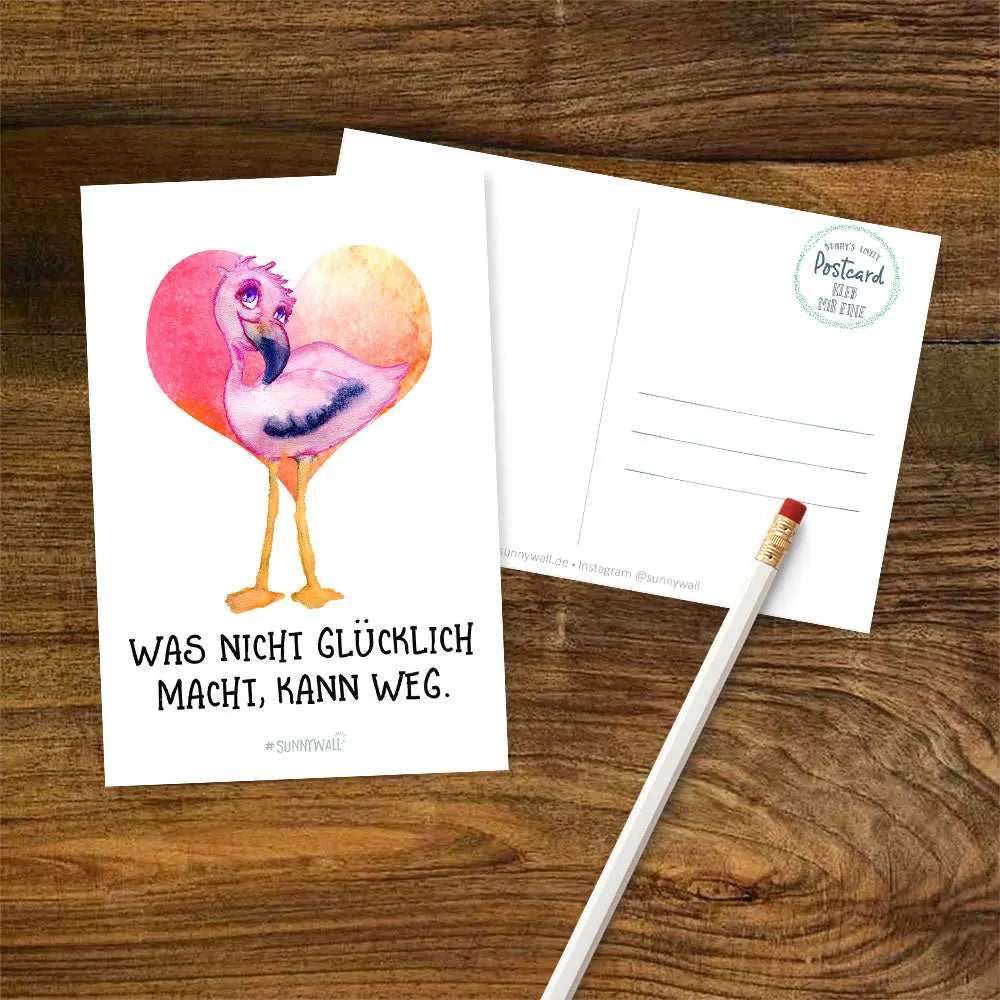 Postkarte Flamingo Capri - Was nicht glücklich macht kann weg Sunnywall