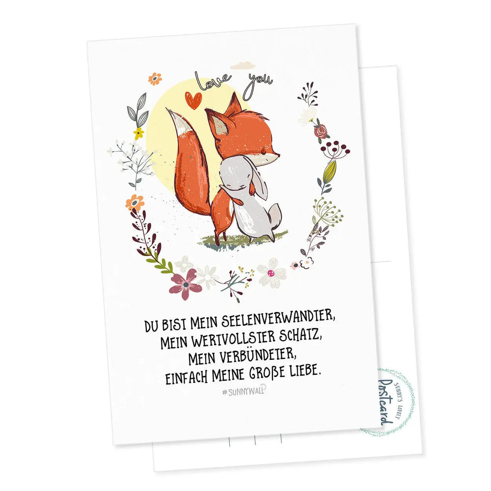 Postkarte Fuchs und Hase - Du bist mein Seelenverwandter, einfach mein größter Schatz Sunnywall