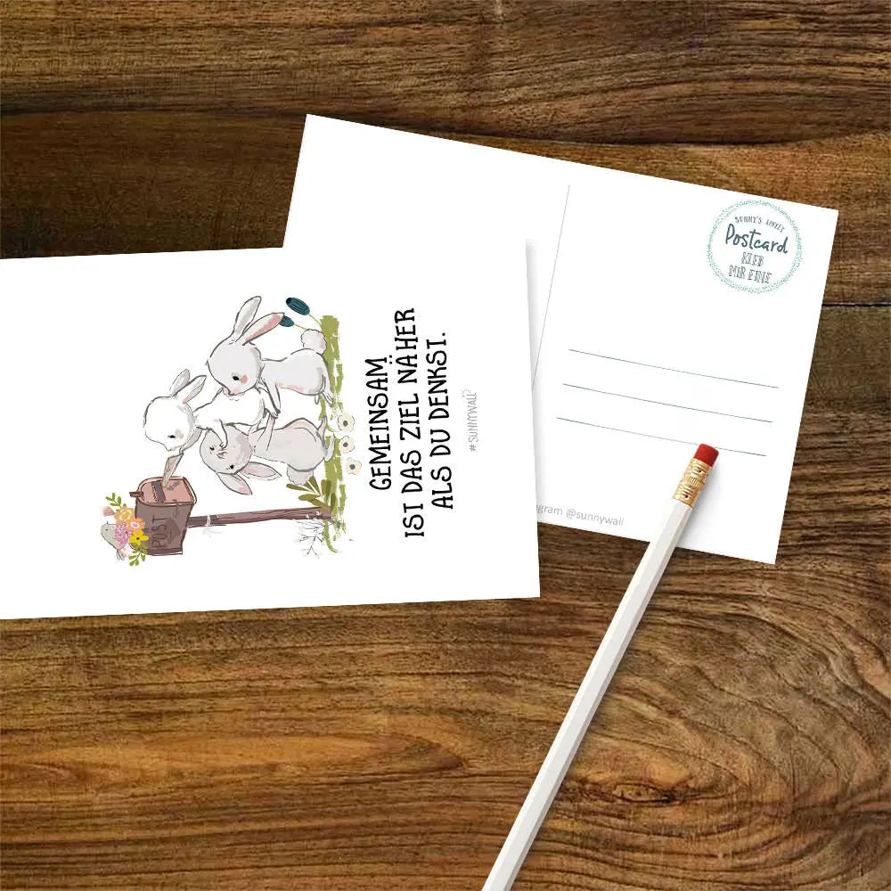 Postkarte Geschenkkarte Hase rabbit Postbote - Gemeinsam ist das Ziel näher als du denkst. Sunnywall