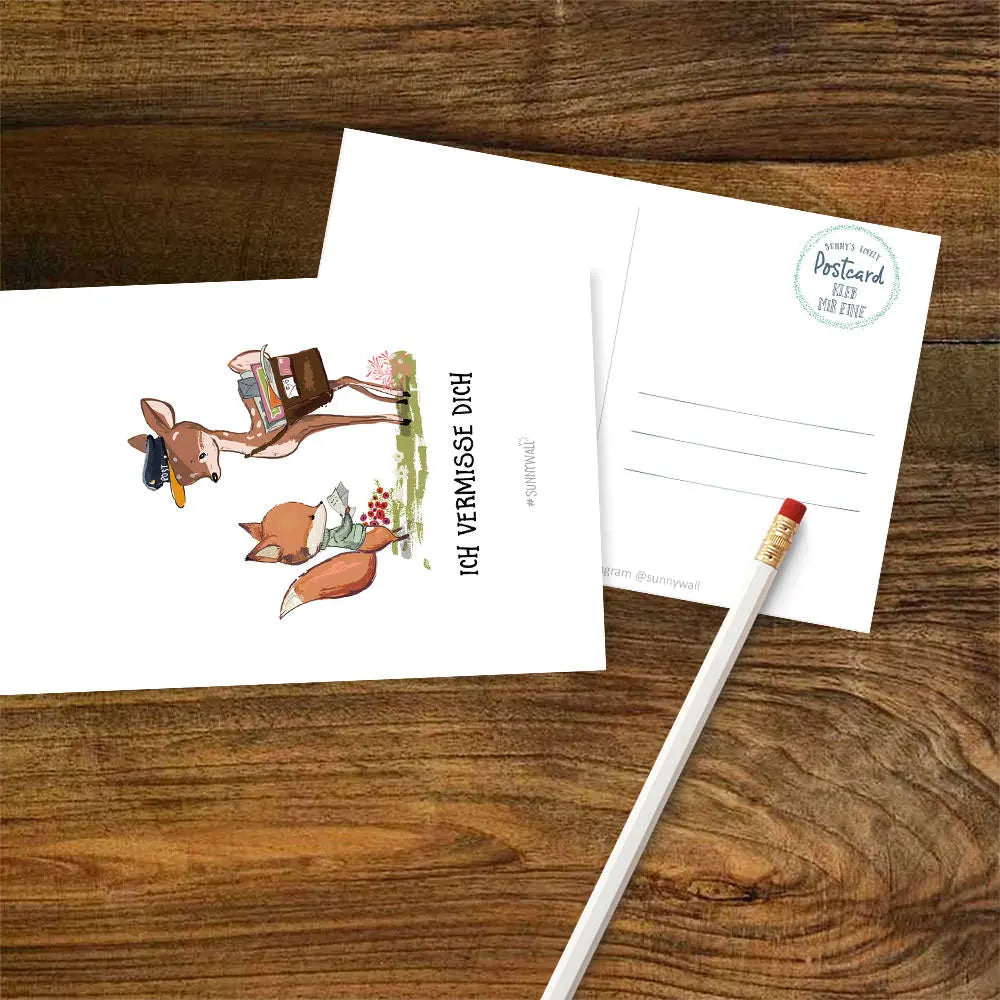 Postkarte Geschenkkarte Rehkid Reh & Fuchs Postbote Ich vermisse Dich Sunnywall
