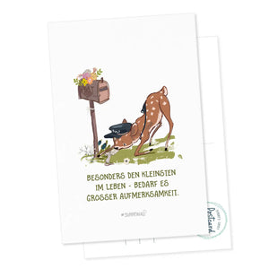 Postkarte Geschenkkarte Rehkid & Maus - Den kleinsten im Leben Bedarf es grosser Aufmerksamkeit Sunnywall