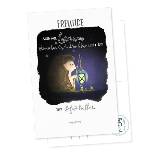 Postkarte Igel - Freunde sind wie Laternen - der Weg wird heller Freundeskarte Sunnywall