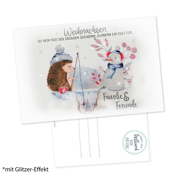 Postkarte Igel - Glitzerkarte Weihnachten ist kein Fest der großen Geschenke - Familie & Freunde Weihnachtskarte Weihnachtsglückwünsche Sunnywall
