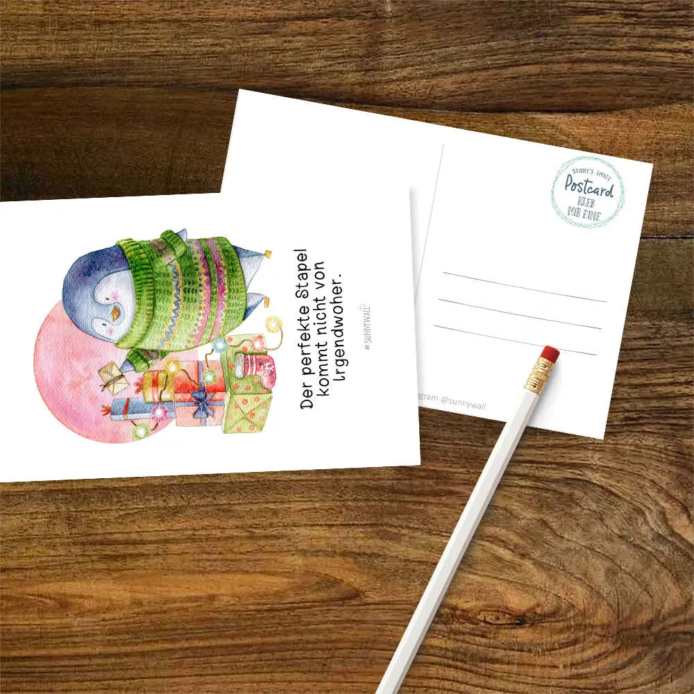 Postkarte Pinguin Nigel Der perfekte Stapel kommt nicht von Irgendwoher Sunnywall
