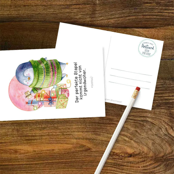 Postkarte Pinguin Nigel Der perfekte Stapel kommt nicht von Irgendwoher Sunnywall
